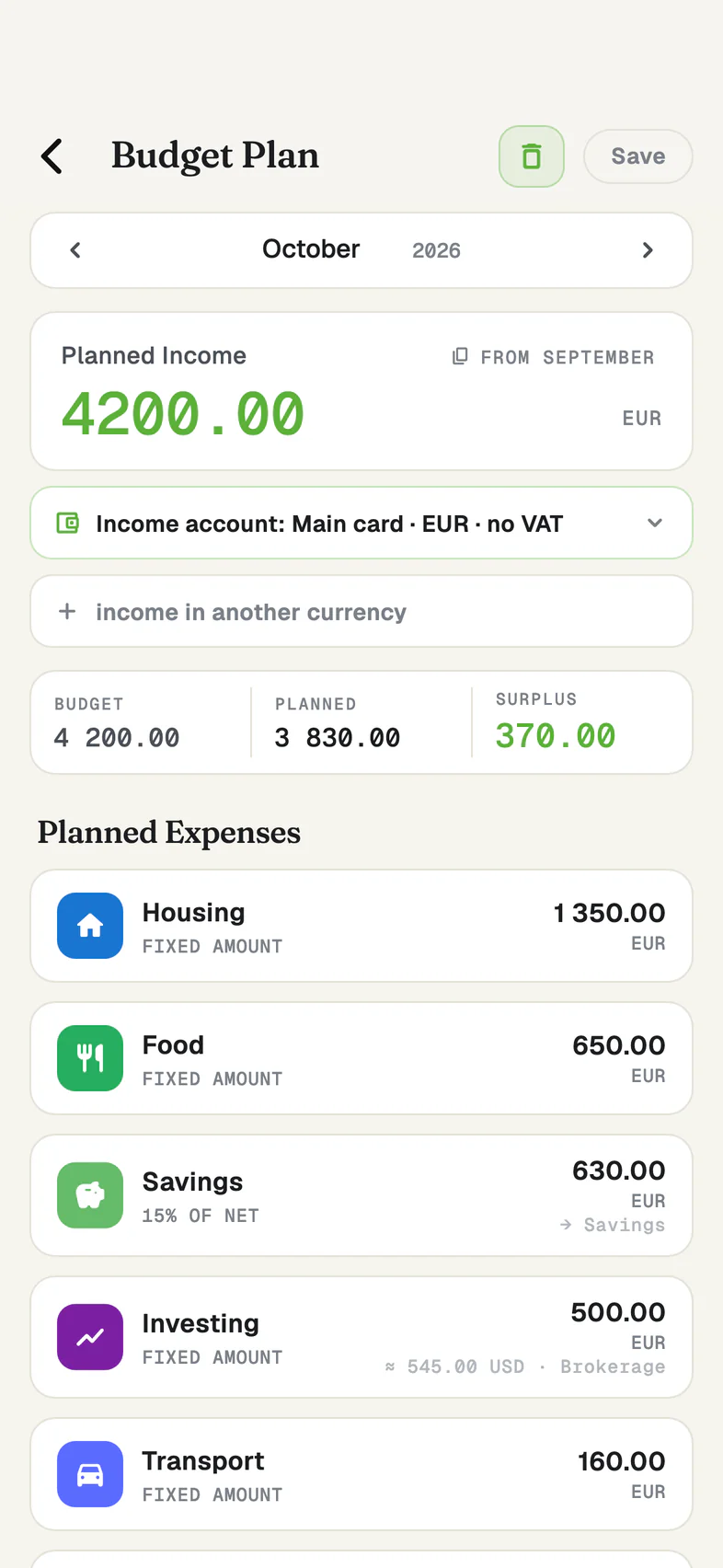 The Budget Plan screen: planned income, the month's budget and planned expenses by category.