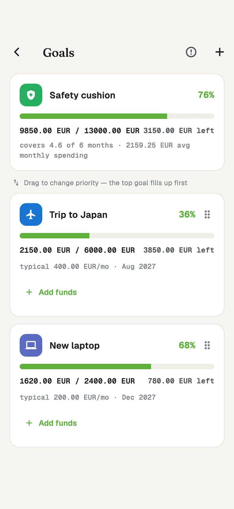The Goals screen: a safety cushion at 76%, a trip to Japan at 36% and a new laptop at 68%.