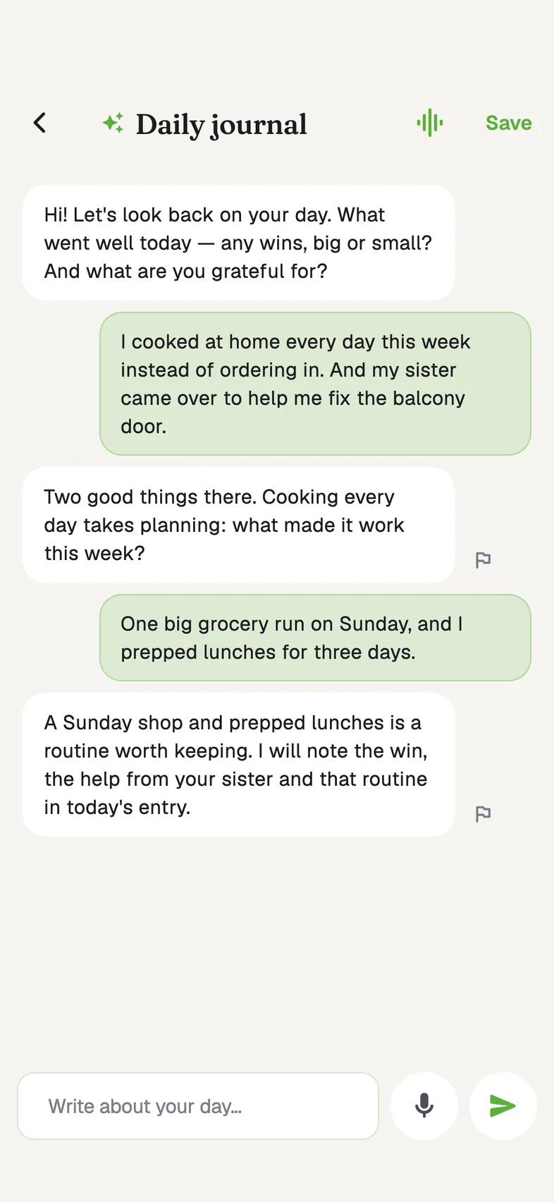 The daily journal: a sample conversation with the AI about the day.