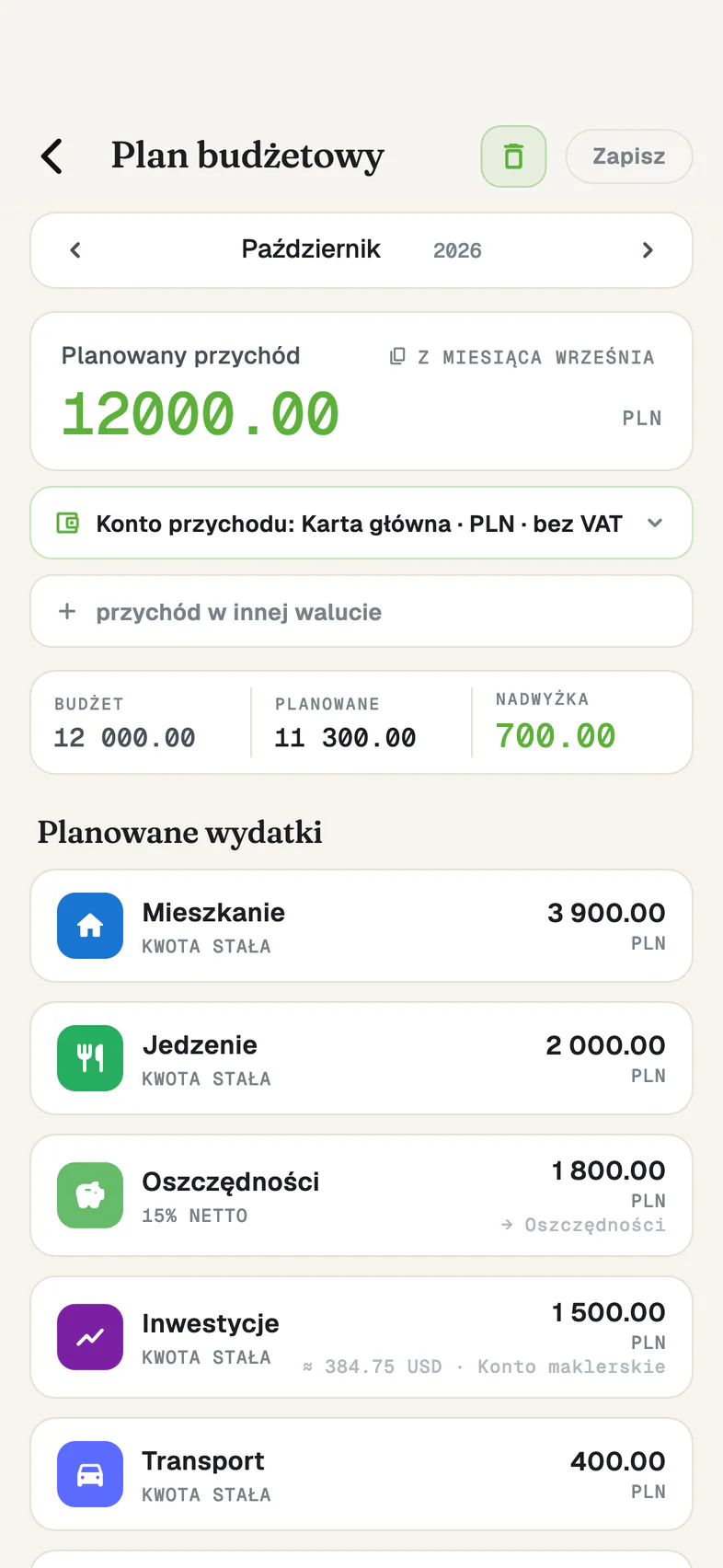 Ekran „Plan budżetowy”: planowany przychód, budżet na miesiąc i planowane wydatki według kategorii.