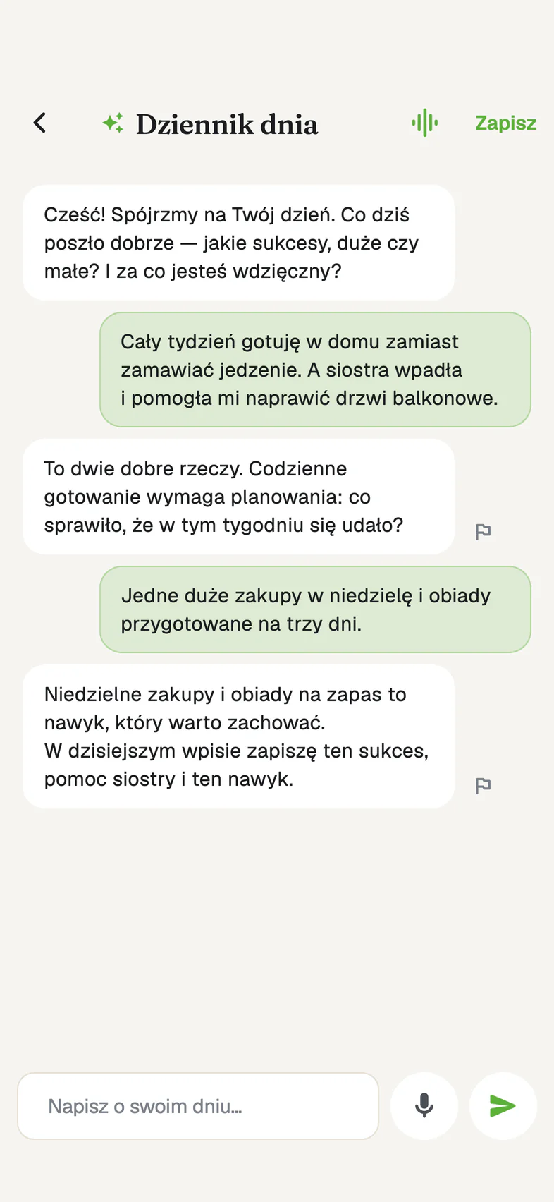 Dziennik dnia: przykładowa rozmowa z AI o minionym dniu.